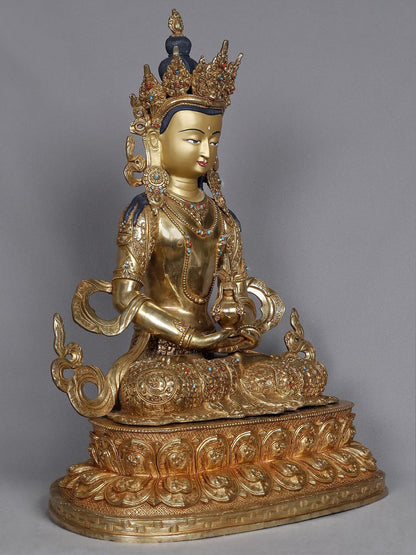 19" Crowned Amitayus From Nepal | Amitayus Idols | Nepalese Statue | Decorative Copper Idol | Copper Statue For Temple