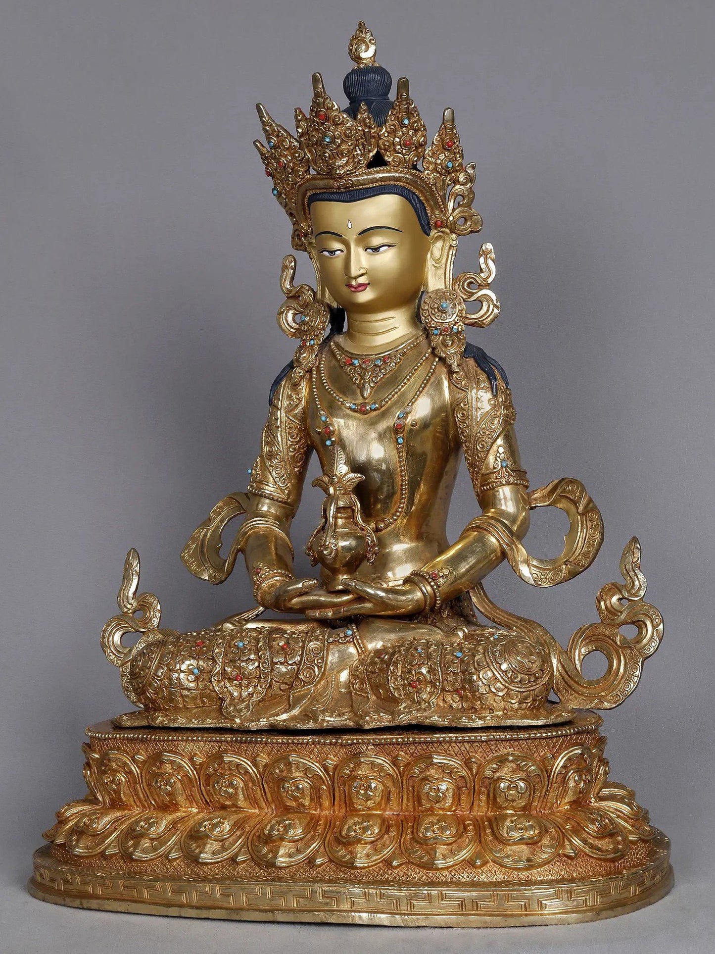 19" Crowned Amitayus From Nepal | Amitayus Idols | Nepalese Statue | Decorative Copper Idol | Copper Statue For Temple