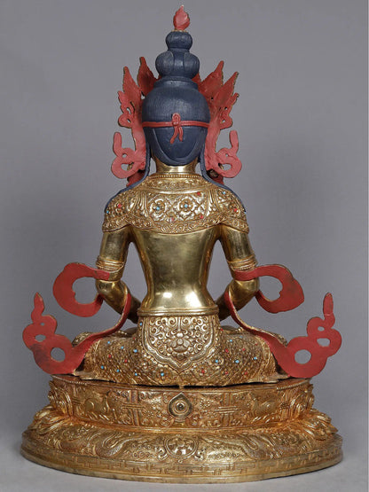 19" Crowned Amitayus From Nepal | Amitayus Idols | Nepalese Statue | Decorative Copper Idol | Copper Statue For Temple