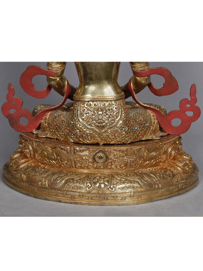 19" Crowned Amitayus From Nepal | Amitayus Idols | Nepalese Statue | Decorative Copper Idol | Copper Statue For Temple