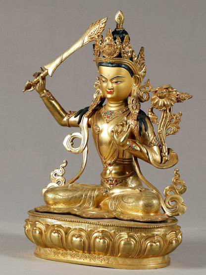 20" Manjushri With Sword From Nepal | Nepalese Statue | Decorative Copper Idol | Copper Statue For Temple