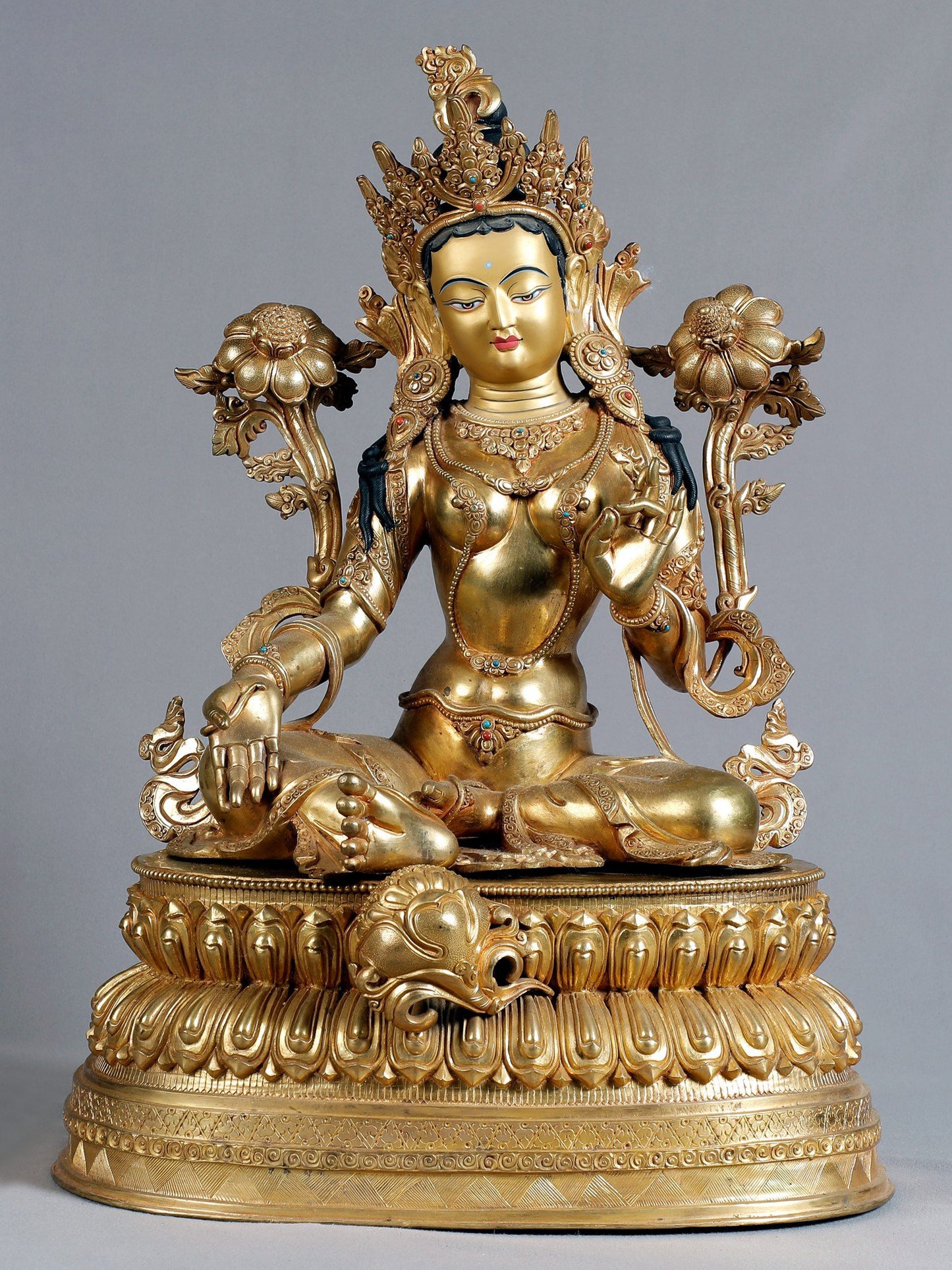 21" Seated Goddess Green Tara On Lotus Pedestal From Nepal | Nepalese Statue | Decorative Copper Idol | Copper Statue For Temple