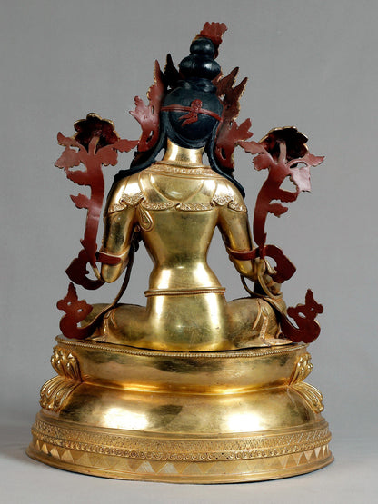 21" Seated Goddess Green Tara On Lotus Pedestal From Nepal | Nepalese Statue | Decorative Copper Idol | Copper Statue For Temple