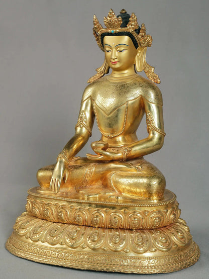 14" Crowned Buddha Statue From Nepal | Nepalese Copper Statue| Decorative Copper Idol | Copper Statue For Temple