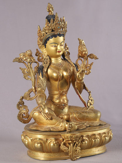 20" Goddess Green Tara Seated On Lotus Base From Nepal | Nepalese Copper Statue| Decorative Copper Idol | Copper Statue For Temple