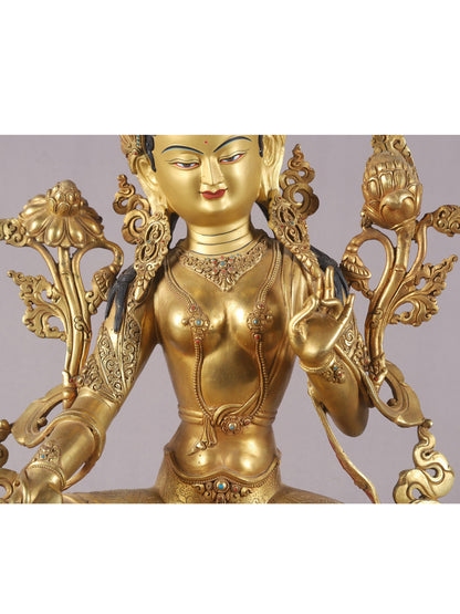 20" Goddess Green Tara Seated On Lotus Base From Nepal | Nepalese Copper Statue| Decorative Copper Idol | Copper Statue For Temple