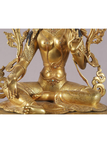 20" Goddess Green Tara Seated On Lotus Base From Nepal | Nepalese Copper Statue| Decorative Copper Idol | Copper Statue For Temple