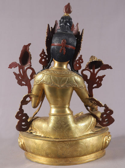 20" Goddess Green Tara Seated On Lotus Base From Nepal | Nepalese Copper Statue| Decorative Copper Idol | Copper Statue For Temple