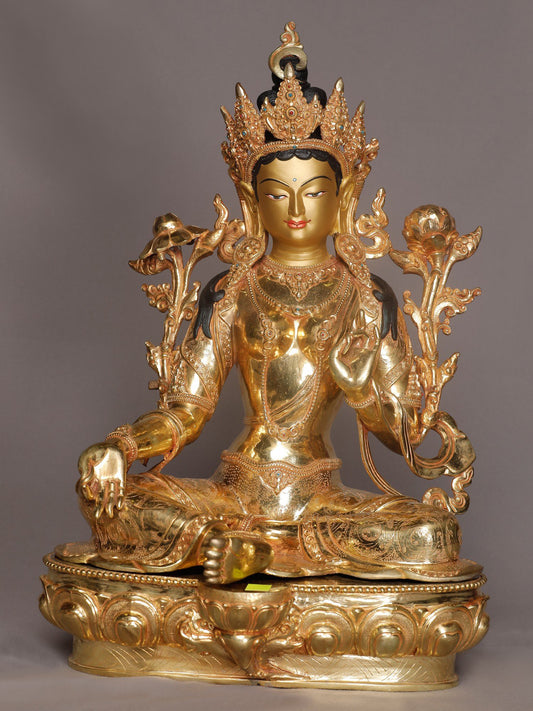 18" Seated Goddess Green Tara From Nepal | Buddhist Deity Idol | Nepalese Copper Statue| Decorative Copper Idol | Copper Statue For Temple