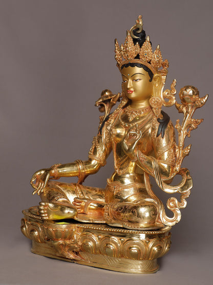 18" Seated Goddess Green Tara From Nepal | Buddhist Deity Idol | Nepalese Copper Statue| Decorative Copper Idol | Copper Statue For Temple