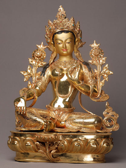 18" Goddess Green Tara With Lotus Base From Nepal | Buddhist Deity Idol | Nepalese Copper Statue| Decorative Copper Idol | Copper Statue For Temple