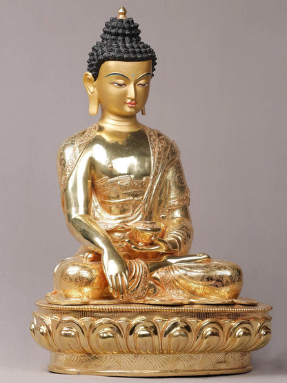 18" Buddha With Superfine Carving On Robe | Nepalese Copper Statue| Decorative Copper Idol | Copper Statue For Temple