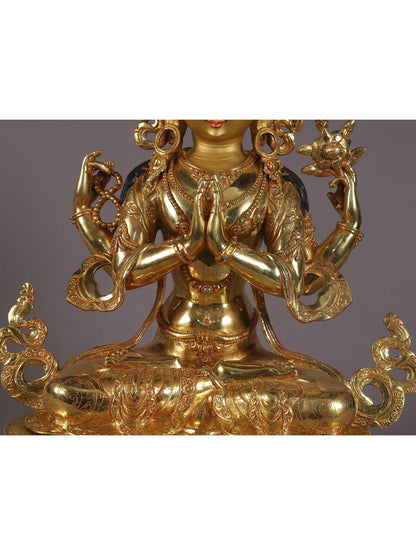 19" Four Armed Bodhisattva Chenrezig  From Nepal | Nepalese Copper Statue| Decorative Copper Idol | Copper Statue For Temple