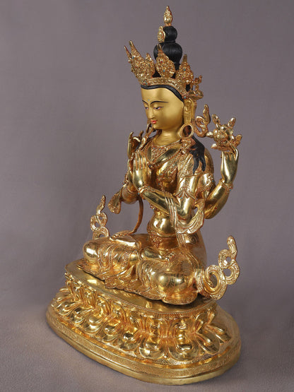 19" Four Armed Bodhisattva Chenrezig  From Nepal | Nepalese Copper Statue| Decorative Copper Idol | Copper Statue For Temple