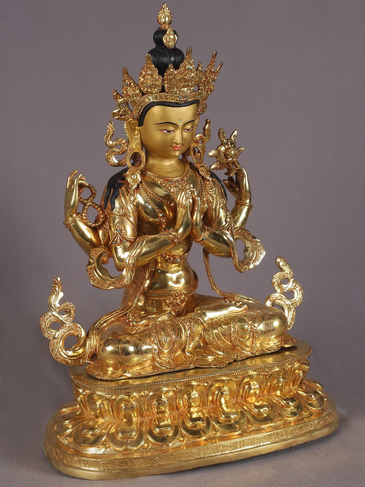 19" Four Armed Bodhisattva Chenrezig  From Nepal | Nepalese Copper Statue| Decorative Copper Idol | Copper Statue For Temple