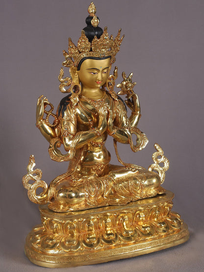 19" Four Armed Bodhisattva Chenrezig  From Nepal | Nepalese Copper Statue| Decorative Copper Idol | Copper Statue For Temple