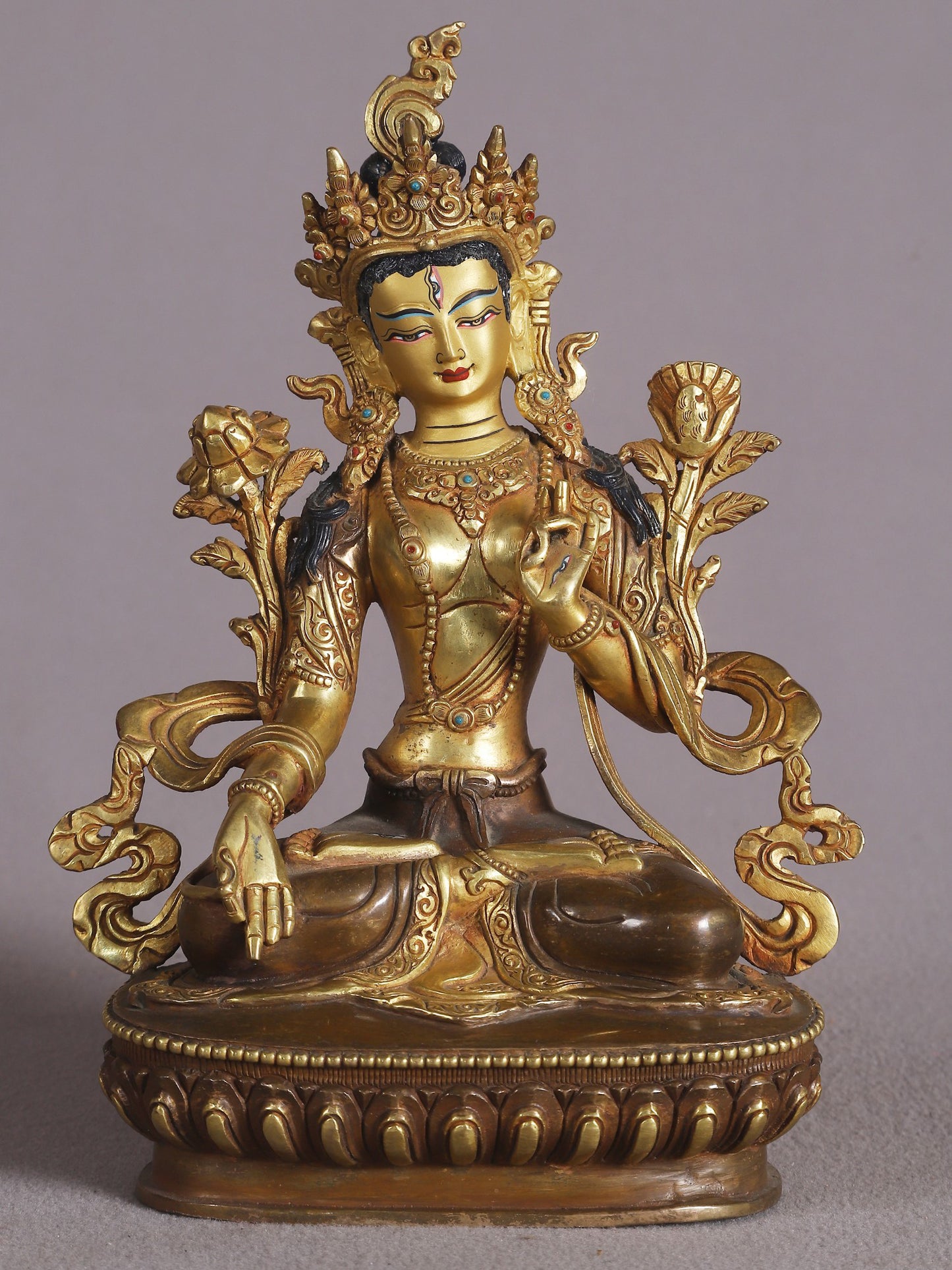 9" Goddess White Tara Idol From Nepal With Gold Gilded | Nepalese Copper Statue| Decorative Copper Idol | Copper Statue For Temple