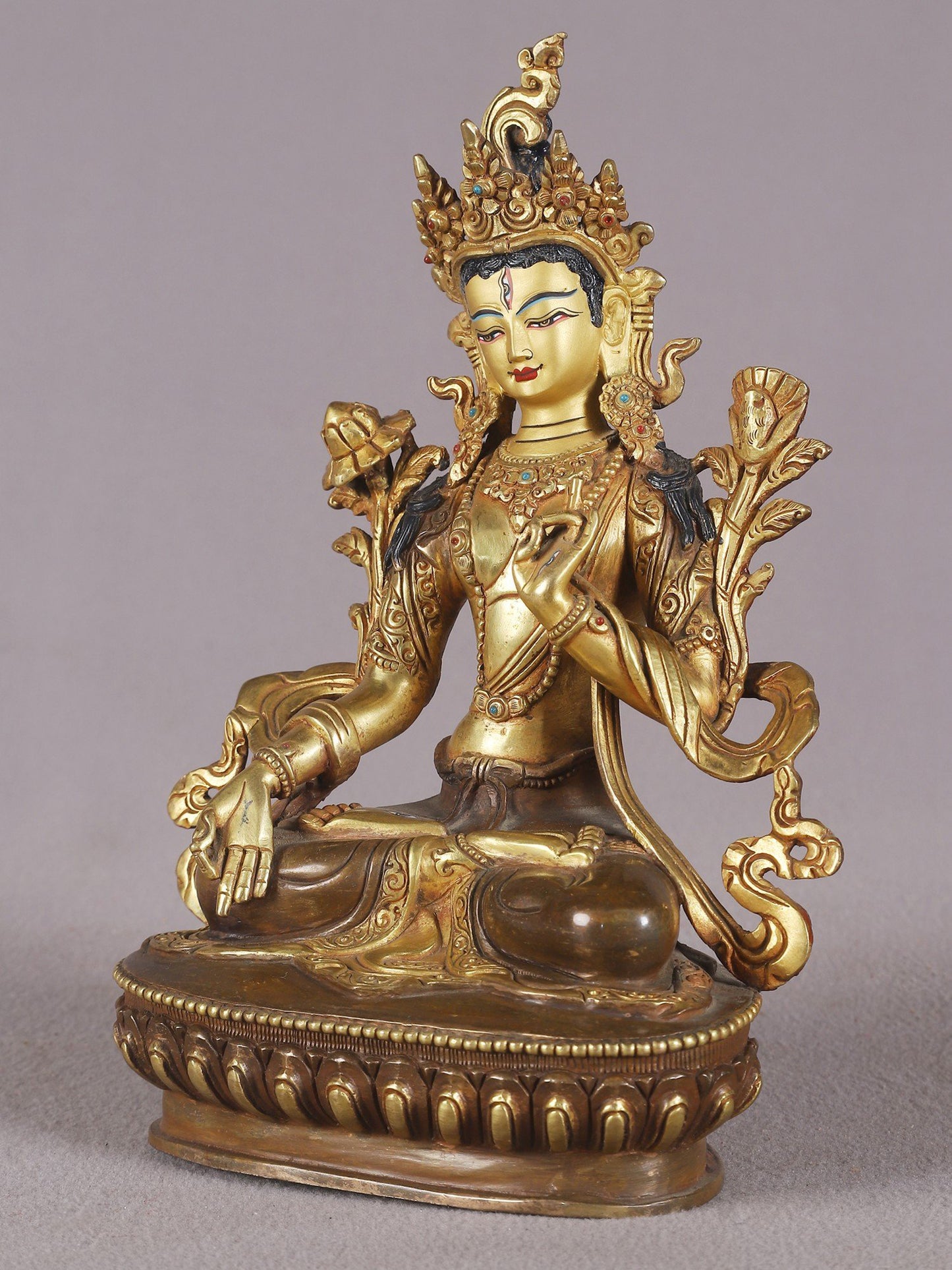 9" Goddess White Tara Idol From Nepal With Gold Gilded | Nepalese Copper Statue| Decorative Copper Idol | Copper Statue For Temple