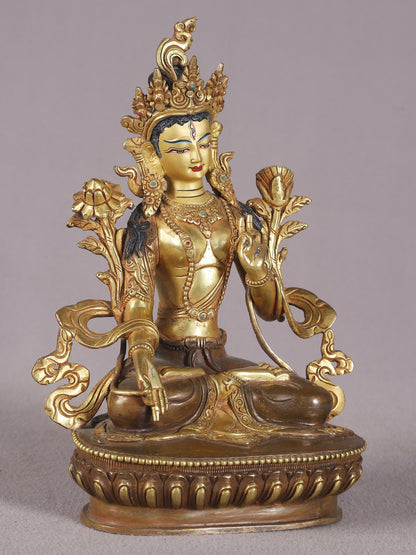 9" Goddess White Tara Idol From Nepal With Gold Gilded | Nepalese Copper Statue| Decorative Copper Idol | Copper Statue For Temple