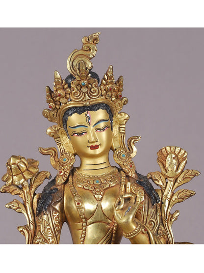 9" Goddess White Tara Idol From Nepal With Gold Gilded | Nepalese Copper Statue| Decorative Copper Idol | Copper Statue For Temple