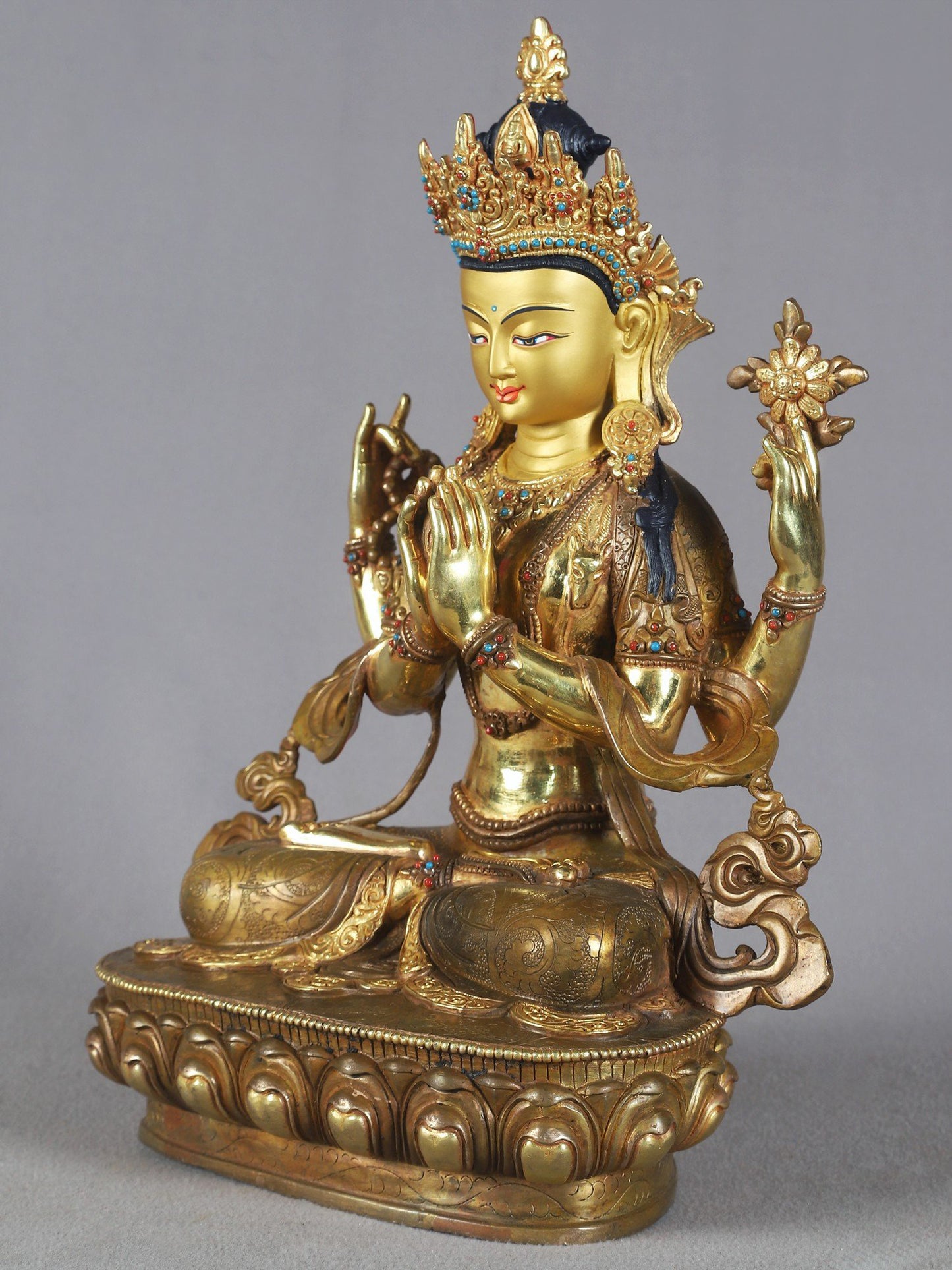 14" Chenrezig Kharchari Copper Idol From Nepal | Nepalese Copper Statue | Decorative Copper Idol | Copper Statue For Temple