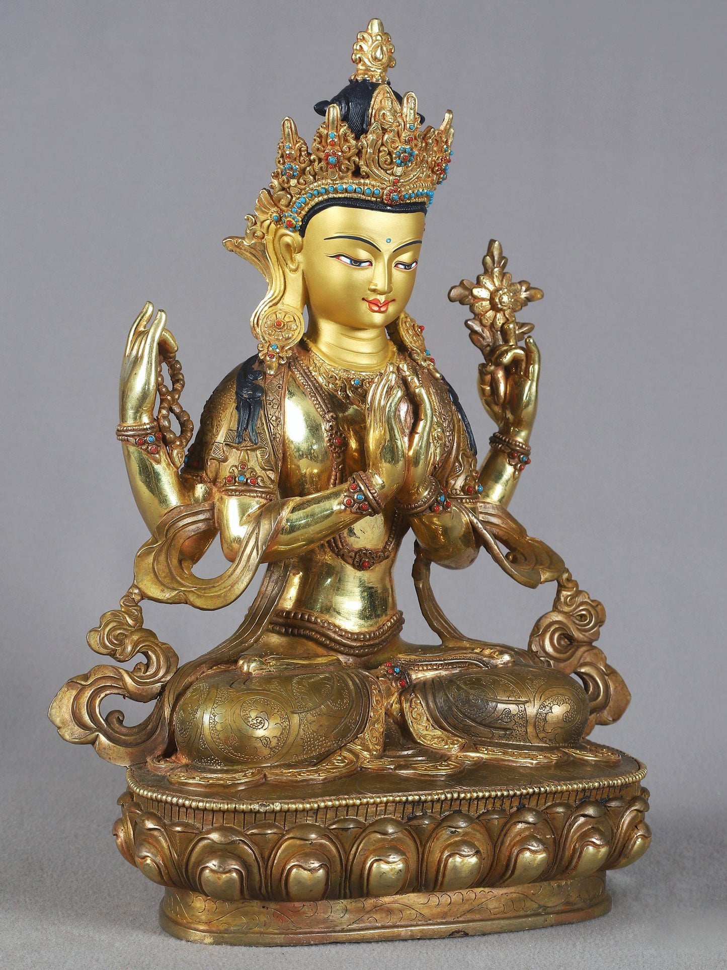 14" Chenrezig Kharchari Copper Idol From Nepal | Nepalese Copper Statue | Decorative Copper Idol | Copper Statue For Temple