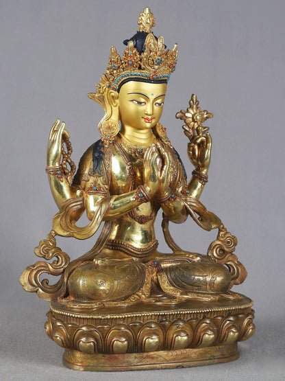 14" Chenrezig Kharchari Copper Idol From Nepal | Nepalese Copper Statue | Decorative Copper Idol | Copper Statue For Temple