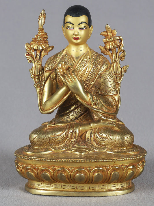 6" Tibetan Buddhist Monk Tsongkhapa Copper Statue From Nepal | Nepalese Copper Statue | Decorative Copper Idol | Copper Statue For Temple