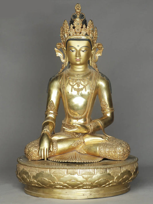 23" Crowned Lord Buddha With Bhumisparsha Posture | Nepalese Copper Statue | Decorative Copper Idol | Copper Statue For Temple