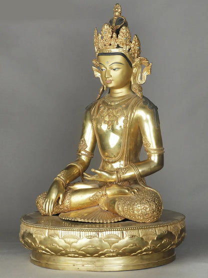 23" Crowned Lord Buddha With Bhumisparsha Posture | Nepalese Copper Statue | Decorative Copper Idol | Copper Statue For Temple