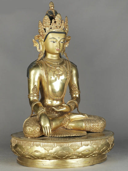 23" Crowned Lord Buddha With Bhumisparsha Posture | Nepalese Copper Statue | Decorative Copper Idol | Copper Statue For Temple