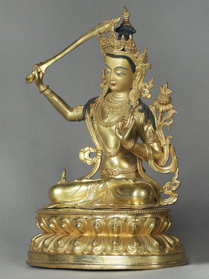 14" Manjushri Copper Statue From Nepal | Buddhist Deity Idols | Handmade Statue For Temple