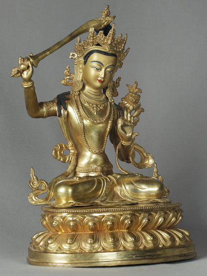 14" Manjushri Copper Statue From Nepal | Buddhist Deity Idols | Handmade Statue For Temple