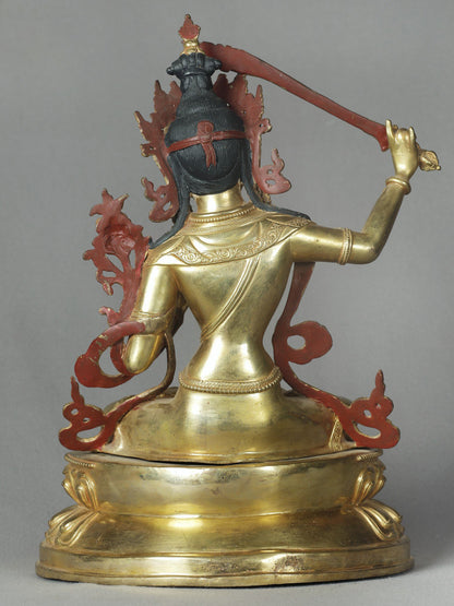 14" Manjushri Copper Statue From Nepal | Buddhist Deity Idols | Handmade Statue For Temple