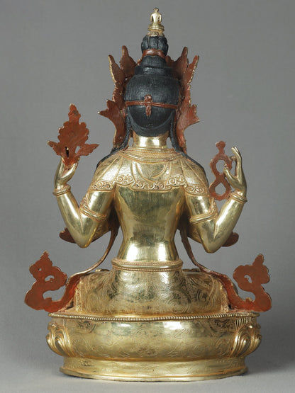 14" Four Hands Seated In Namaskar Mudra Kharchari Nepalese Copper Statue | Nepalese Copper Statue | Decorative Copper Idol | Copper Statue For Temple