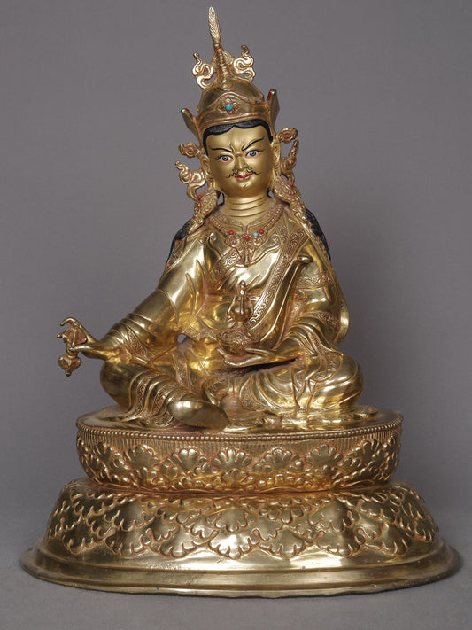 14" Guru Padmasambhava / Guru Rinpoche Seated Idol From Nepal | Nepalese Copper Statue | Decorative Copper Idol | Copper Statue For Temple