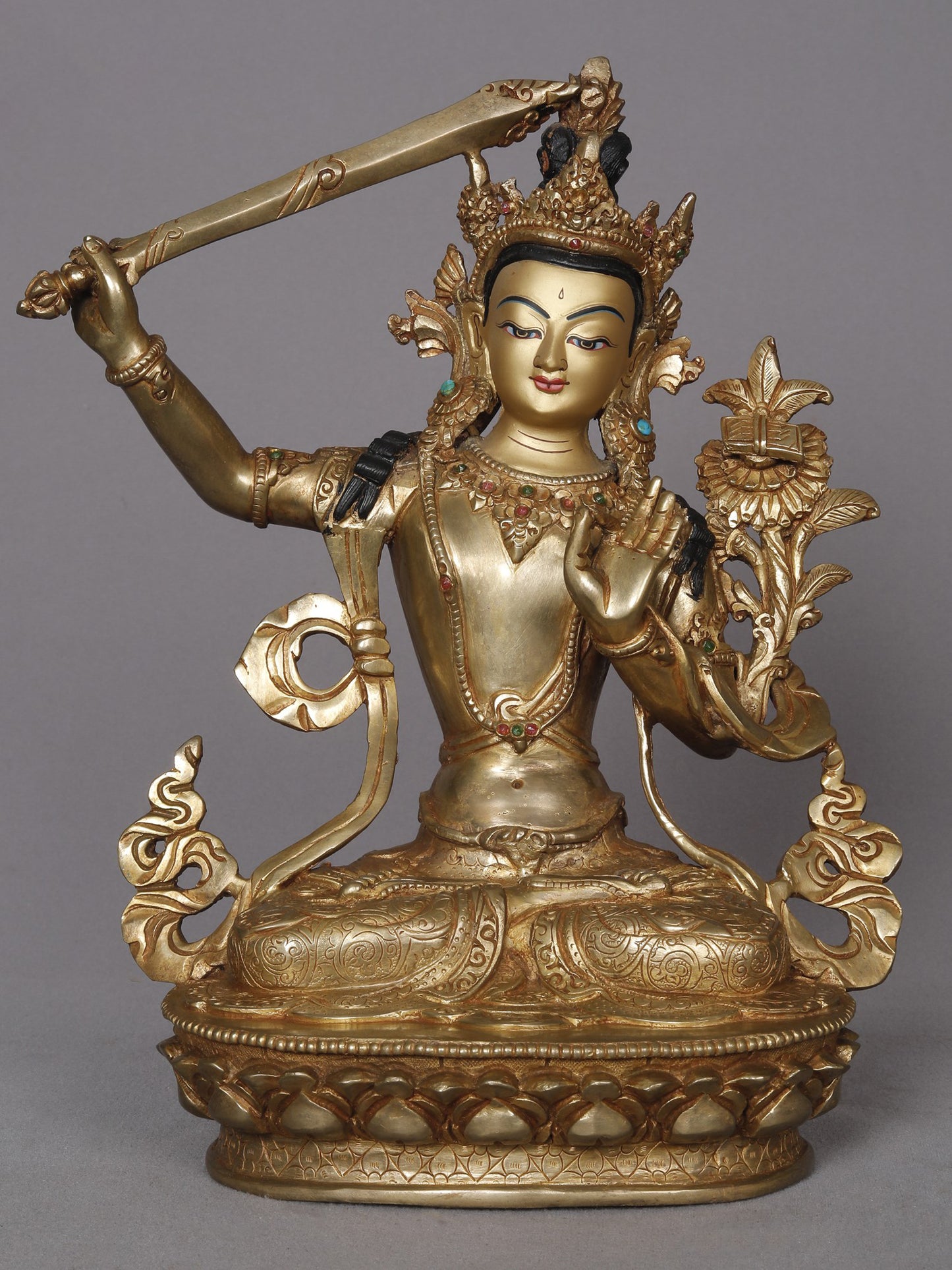 10" Manjushri Copper Statue With Sword And Flower From Nepal | Nepalese Copper Statue | Decorative Copper Idol | Copper Statue For Temple