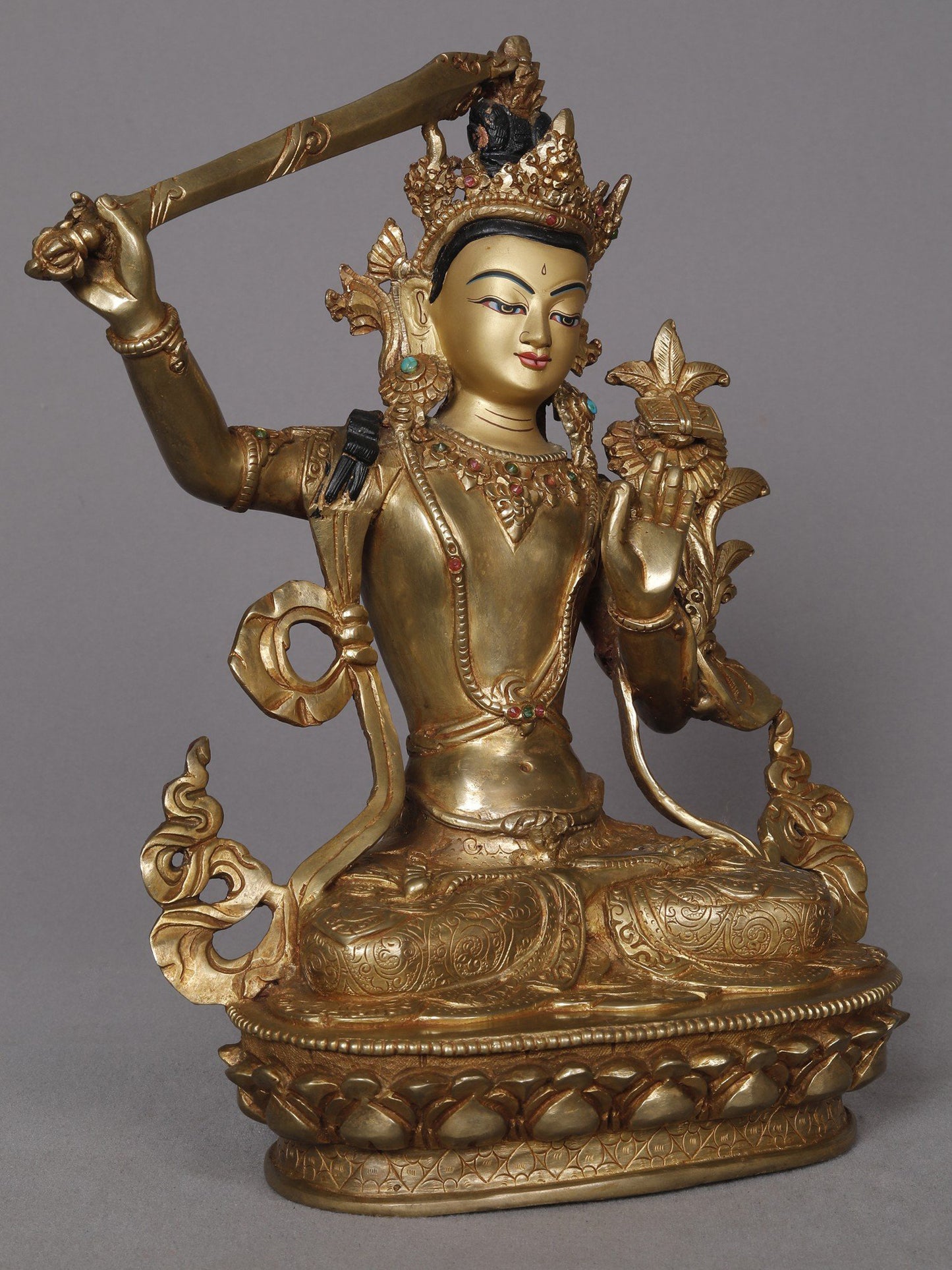 10" Manjushri Copper Statue With Sword And Flower From Nepal | Nepalese Copper Statue | Decorative Copper Idol | Copper Statue For Temple