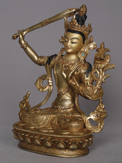 10" Manjushri Copper Statue With Sword And Flower From Nepal | Nepalese Copper Statue | Decorative Copper Idol | Copper Statue For Temple