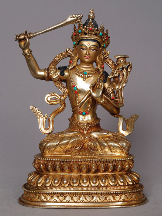 9" Buddhist Deity Manjushri Copper Statue | Nepalese Copper Idol | Copper Statue For Temple