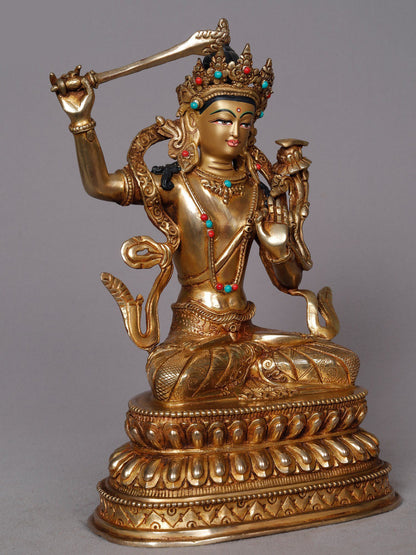 9" Buddhist Deity Manjushri Copper Statue | Nepalese Copper Idol | Copper Statue For Temple