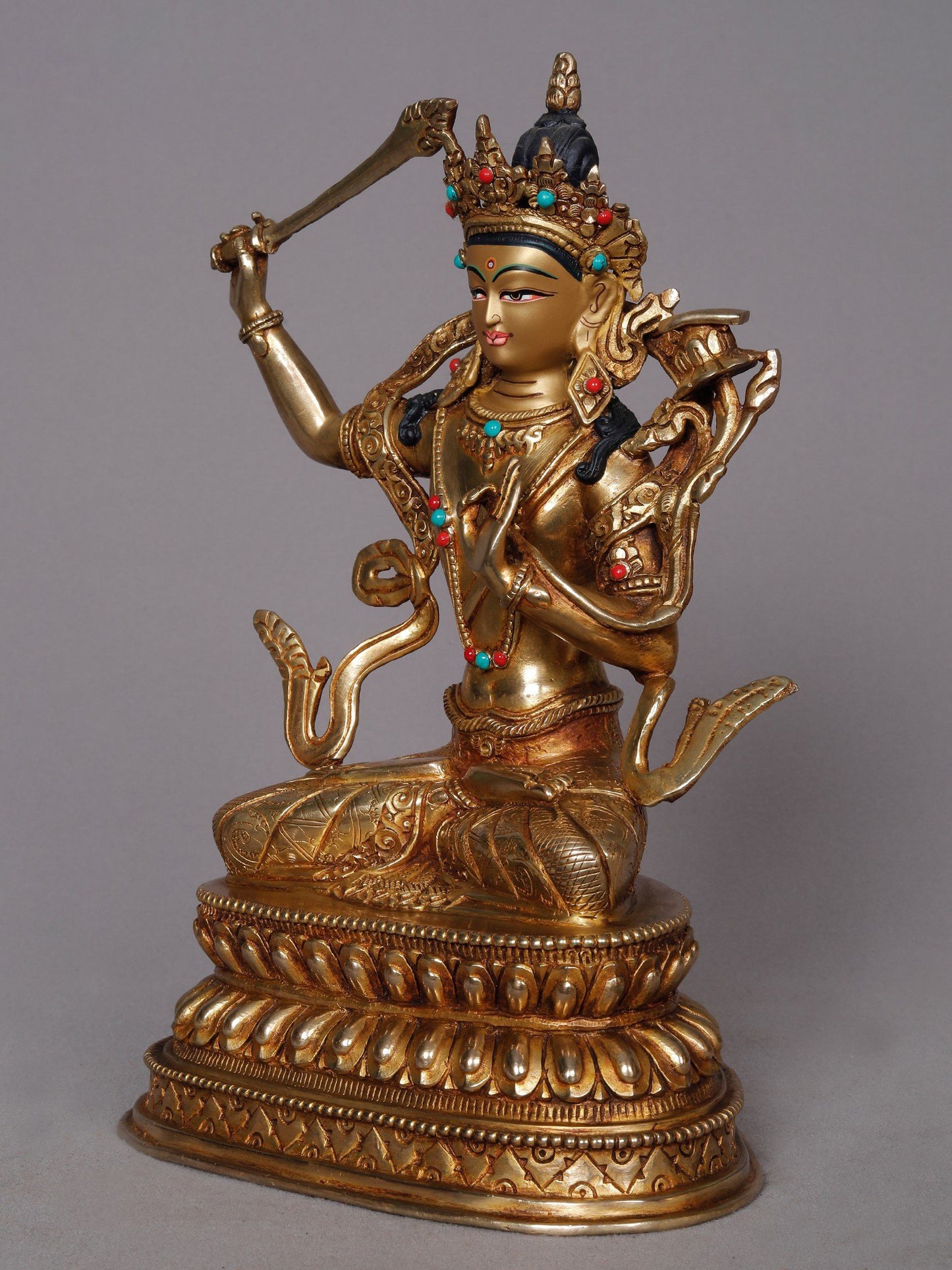 9" Buddhist Deity Manjushri Copper Statue | Nepalese Copper Idol | Copper Statue For Temple