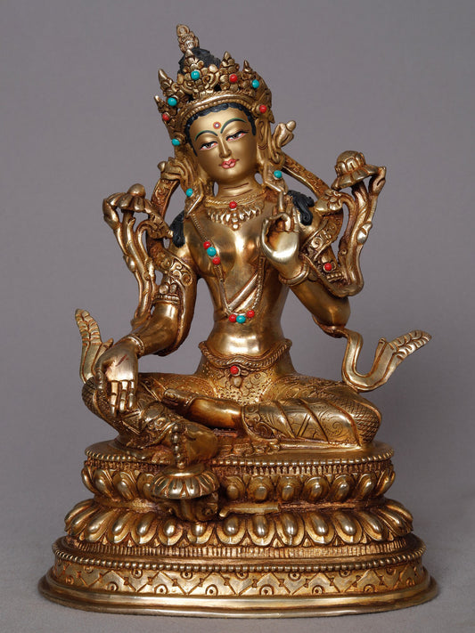 9" Goddess Green Tara Copper Statue from Nepal | Buddhist Deity Idol | Handmade Copper Statue