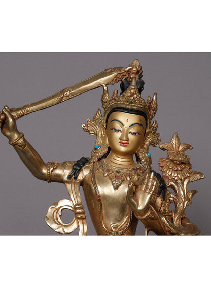 10" Goddess Manjushri Copper Statue from Nepal | Buddhist Deity Idol | Copper Statue For Temple