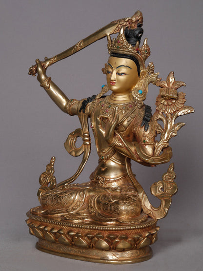 10" Goddess Manjushri Copper Statue from Nepal | Buddhist Deity Idol | Copper Statue For Temple