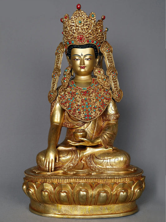 17" Crowned Lord Buddha With Attractive Ornaments Copper Statue from Nepal | Buddhist Deity Idol