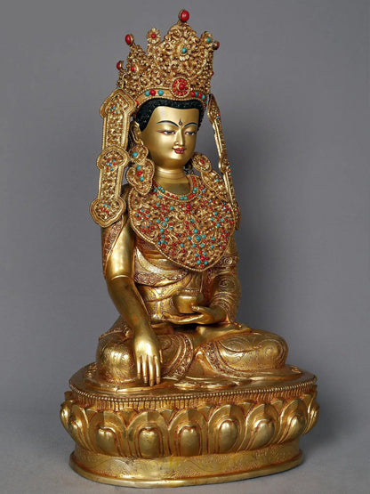 17" Crowned Lord Buddha With Attractive Ornaments Copper Statue from Nepal | Buddhist Deity Idol