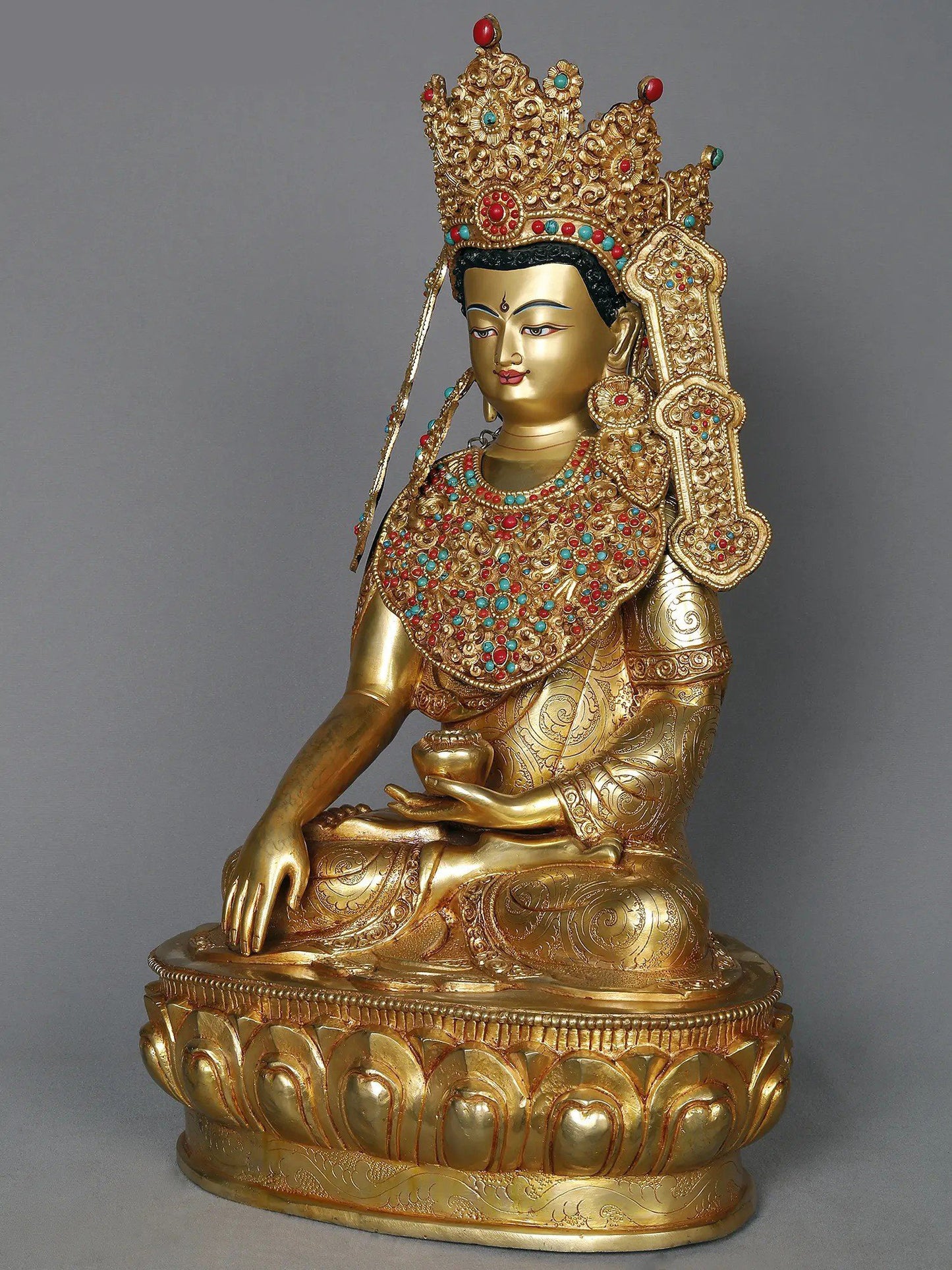 17" Crowned Lord Buddha With Attractive Ornaments Copper Statue from Nepal | Buddhist Deity Idol