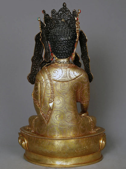 17" Crowned Lord Buddha With Attractive Ornaments Copper Statue from Nepal | Buddhist Deity Idol