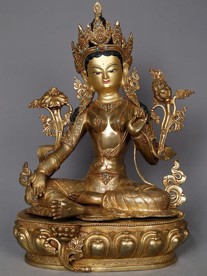 19" Green Tara Copper Statue With Attractive Crown From Nepal | Buddhist Deity Idol | Copper Statue